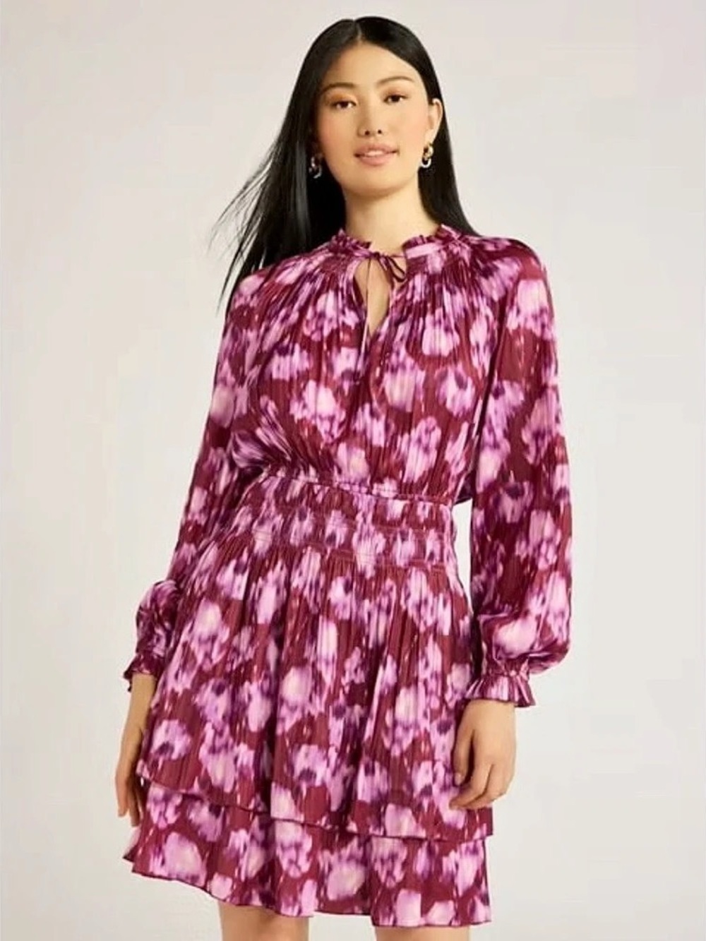 Scoop Smocked Waist Ruffle Mini Dress Purple Watercolor Floral Large Pink Dreamy